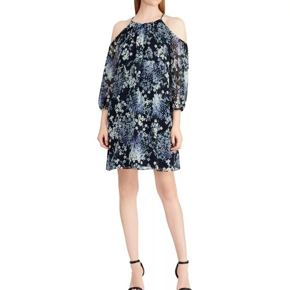 AMERICAN LIVING Floral Georgette Cold Shoulder Shift Dress Flowy Sz 16 Bloomcore